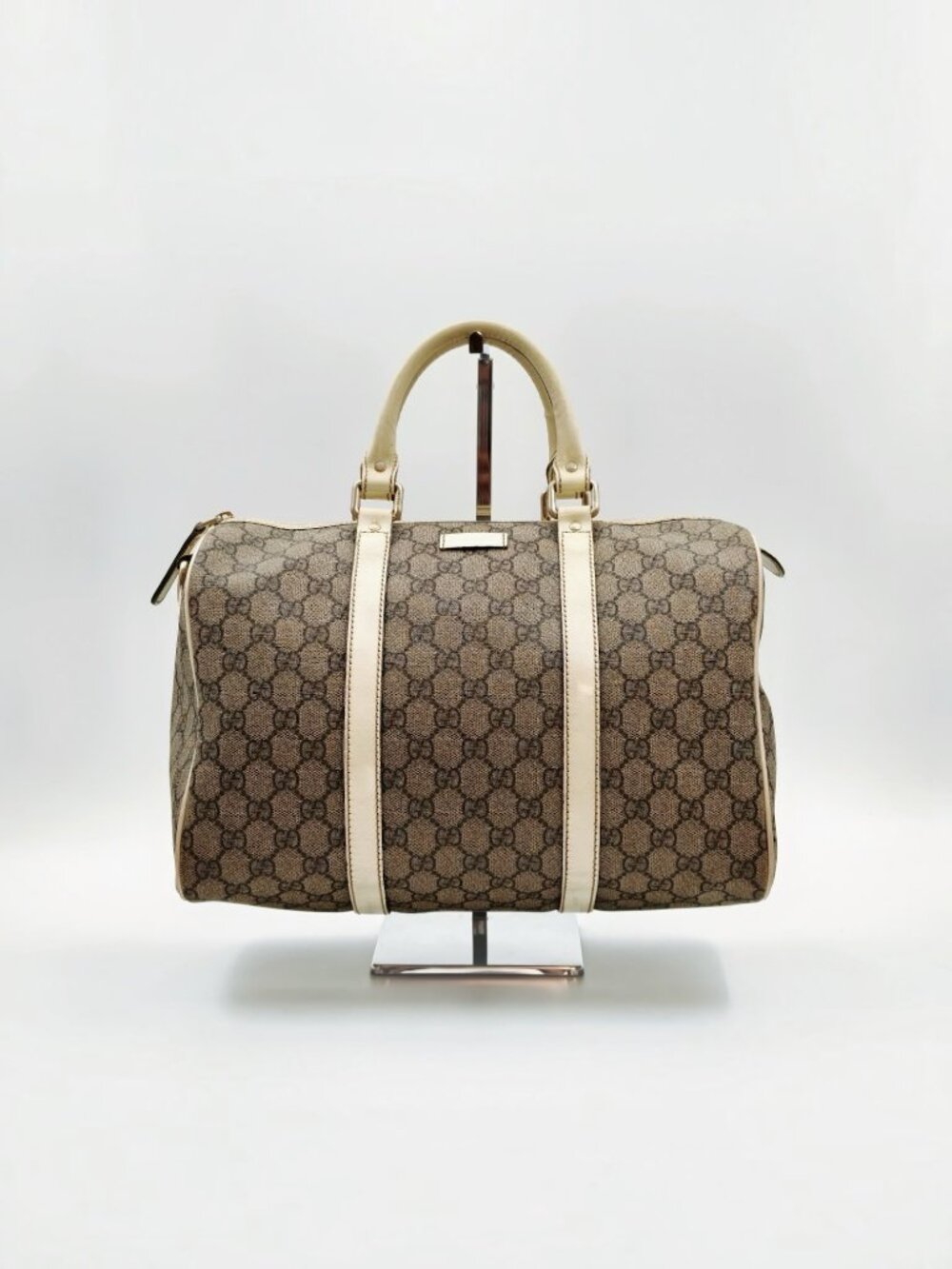 Gucci Vintage GG Monogram Boston Bag Brown Canvas Leather Top Handle